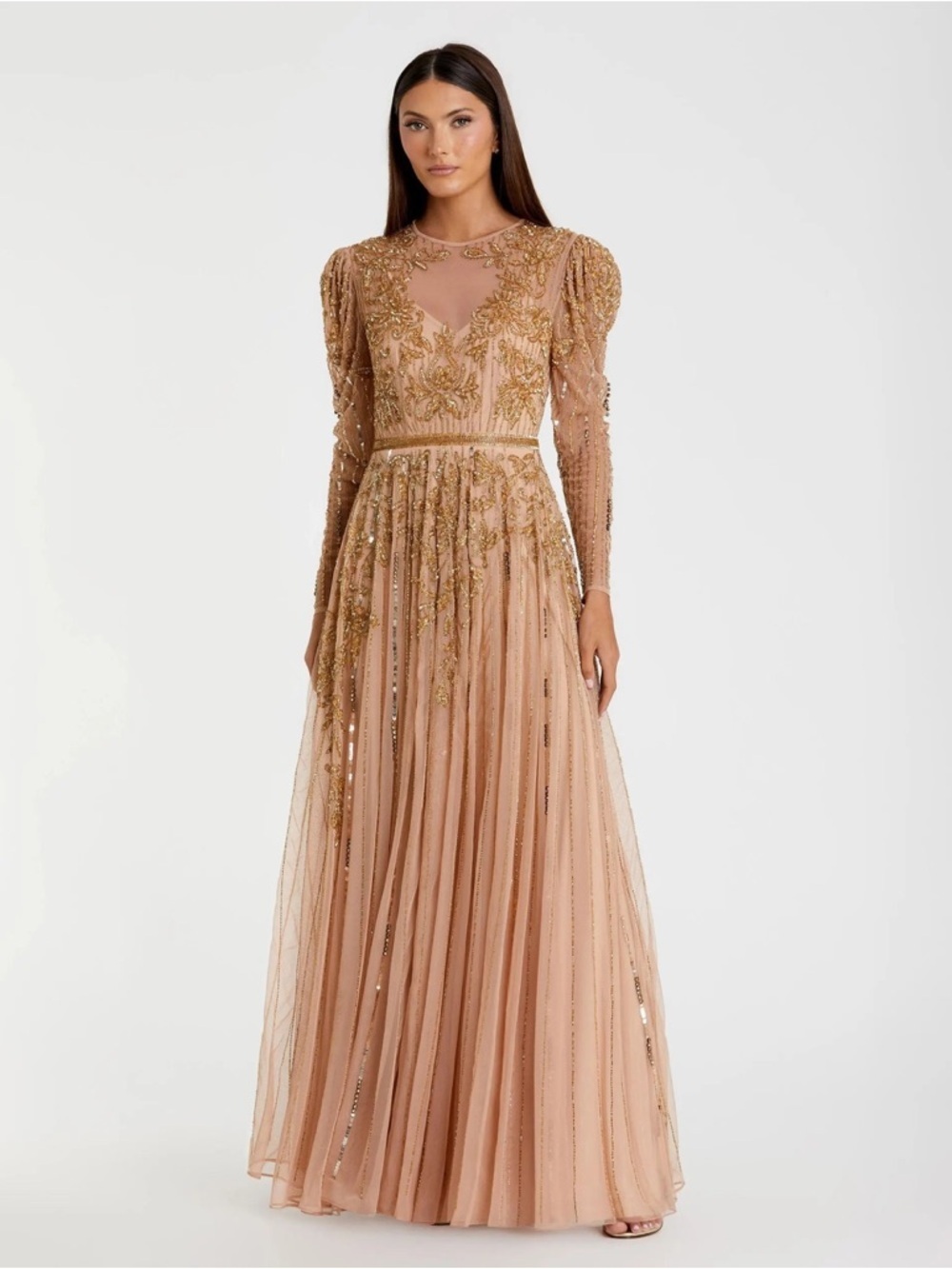 Mac Duggal 93638 Pink and Gold Beaded Illusion Puff Sleeve Gown Size 20 NWT